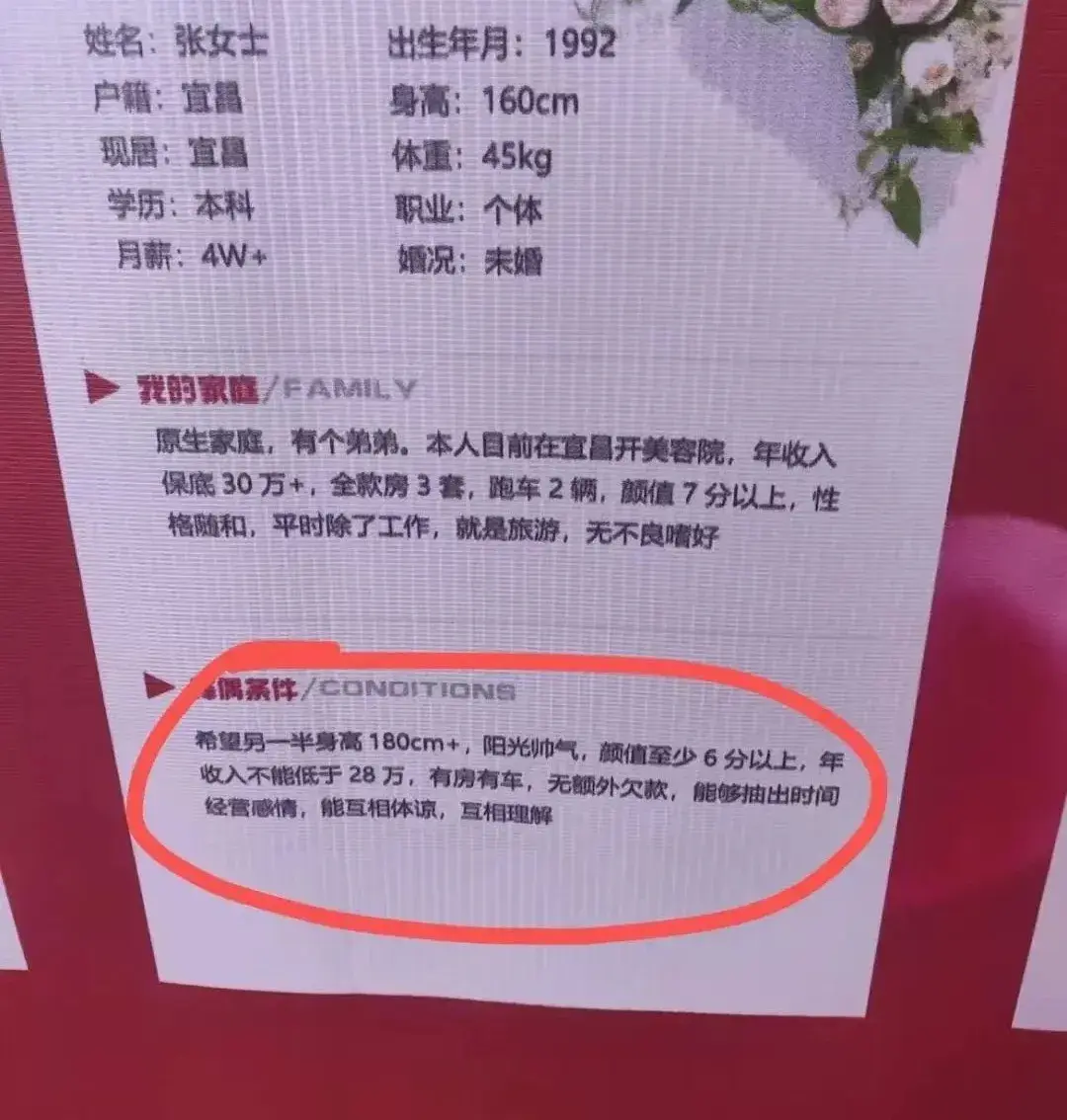 34岁月薪4万美容院老板张女士，相亲要求男方身高180，帅气，年薪不低于28万