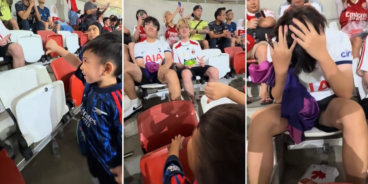 Young arsenal fans playfully give spurs supporter thumbs down at national stadium, sparking hilarious reaction