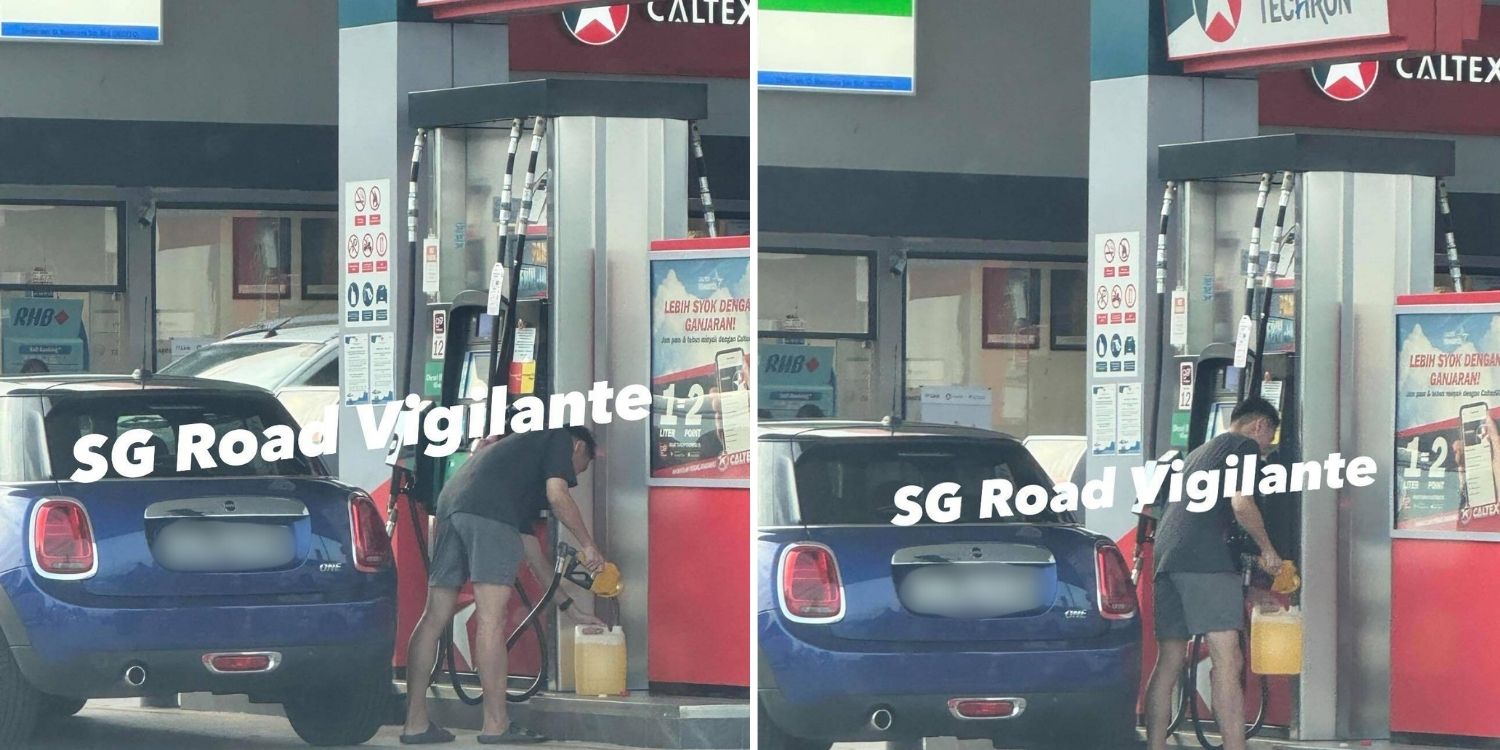 Driver of s’pore-registered car caught pumping ron95 petrol in container, outrages netizens