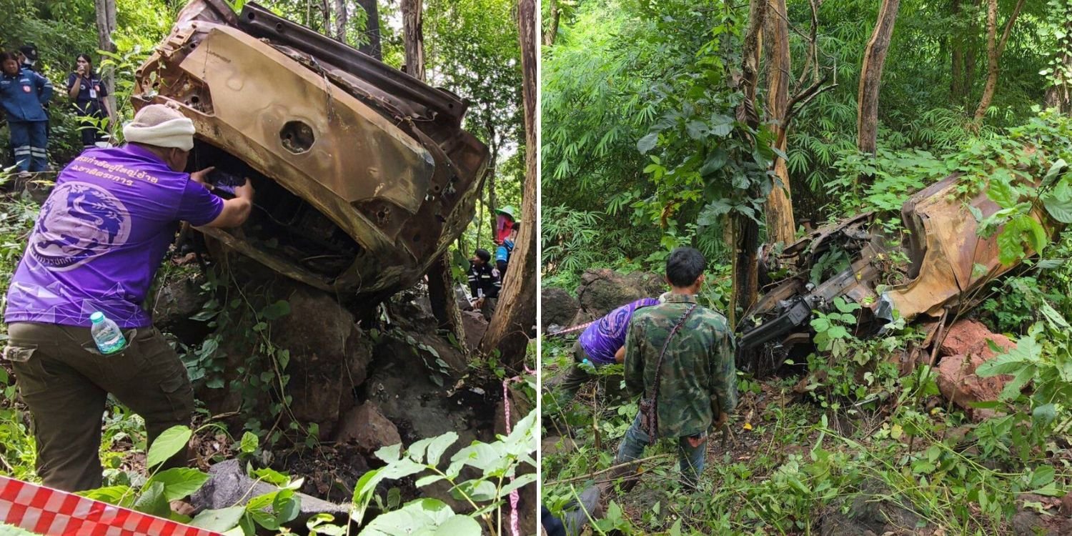 Authorities respond to truck accident in Thailand mountains, discover skeletal remains in charred sedan