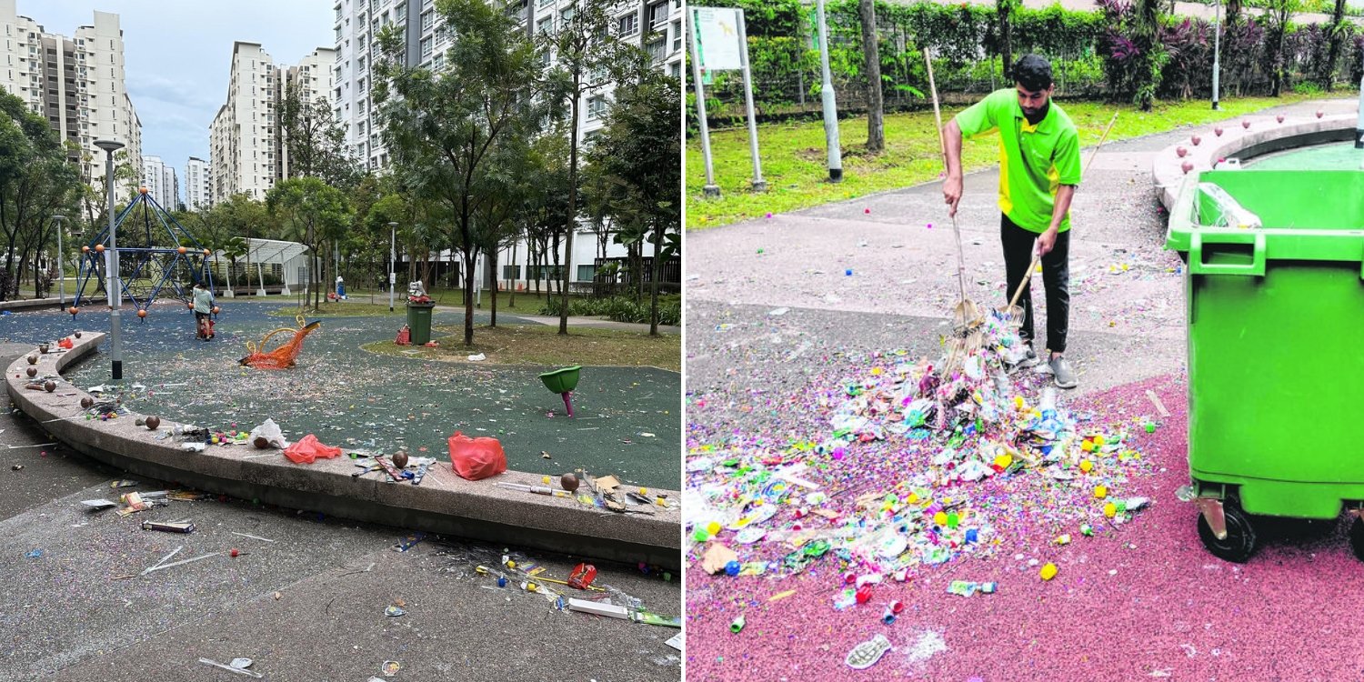 Punggol playground covered in litter after deepavali celebration, cleaners take over 3 hours to clear mess