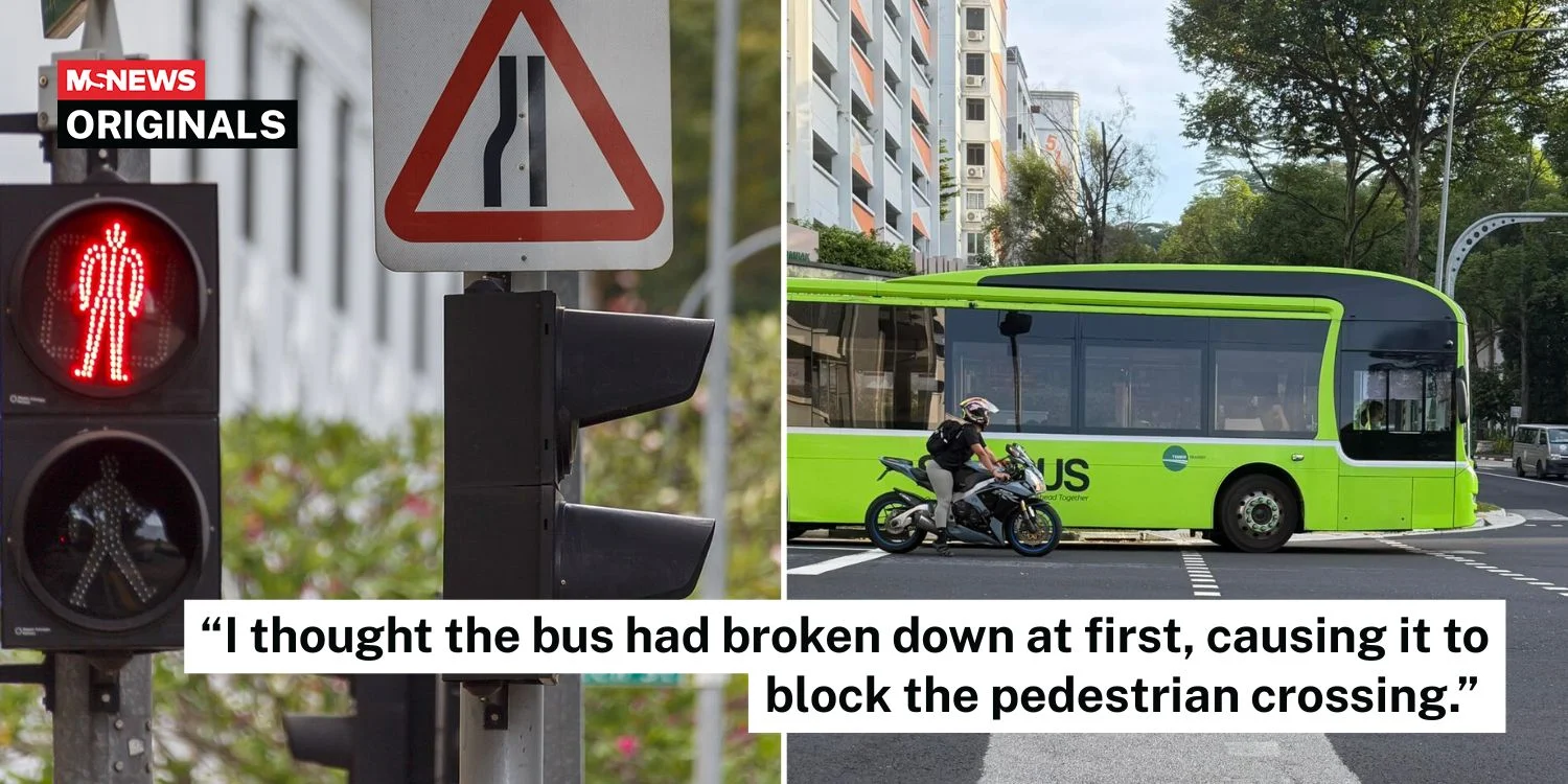 Bus blocks pedestrian crossing at bukit batok junction, pedestrian knocks on windscreen to inform driver